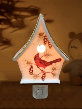 Porcelain Cardinal On Birdhouse Night Light With Gift Box